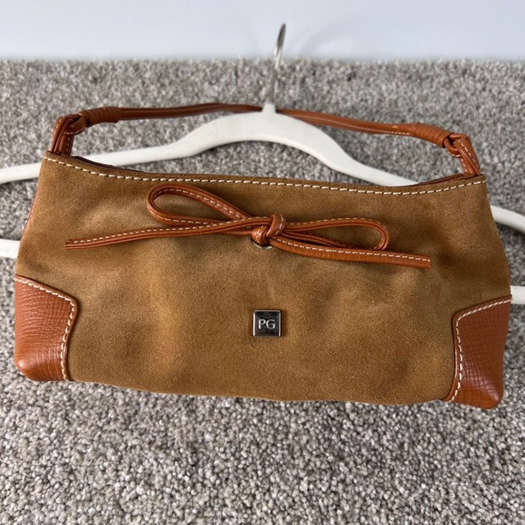 VTG PG Suede Leather Shoulder Bag Tan Brown Bow Accent Y2K Small Purse Designer - Picture 5 of 12